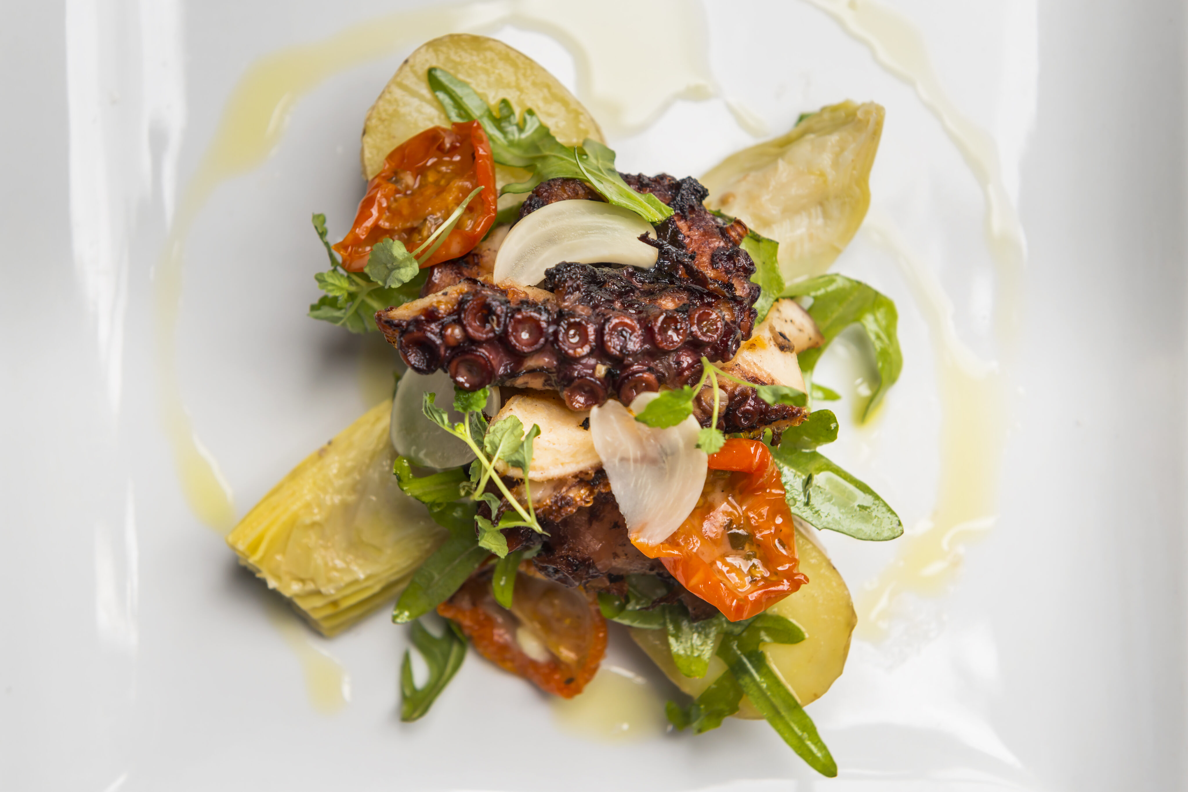 Home Page special: A plated dish featuring grilled octopus, halved potatoes, roasted tomatoes, onion slices, and green leaves, drizzled with olive oil.