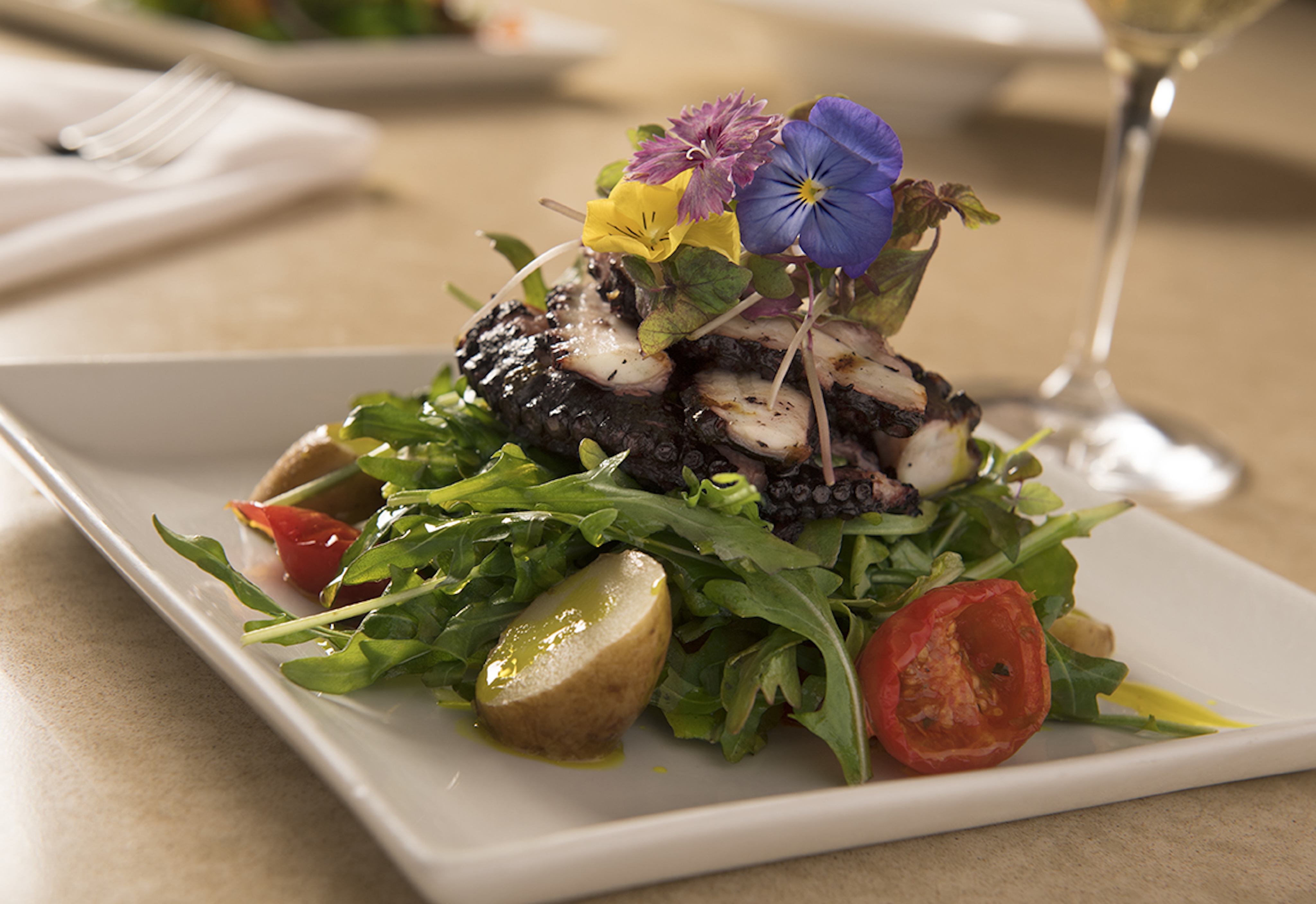 A plated gourmet salad featuring grilled octopus, edible flowers, arugula, cherry tomatoes, and potatoes is artfully presented on a white square dish, creating a gallery-worthy culinary masterpiece.