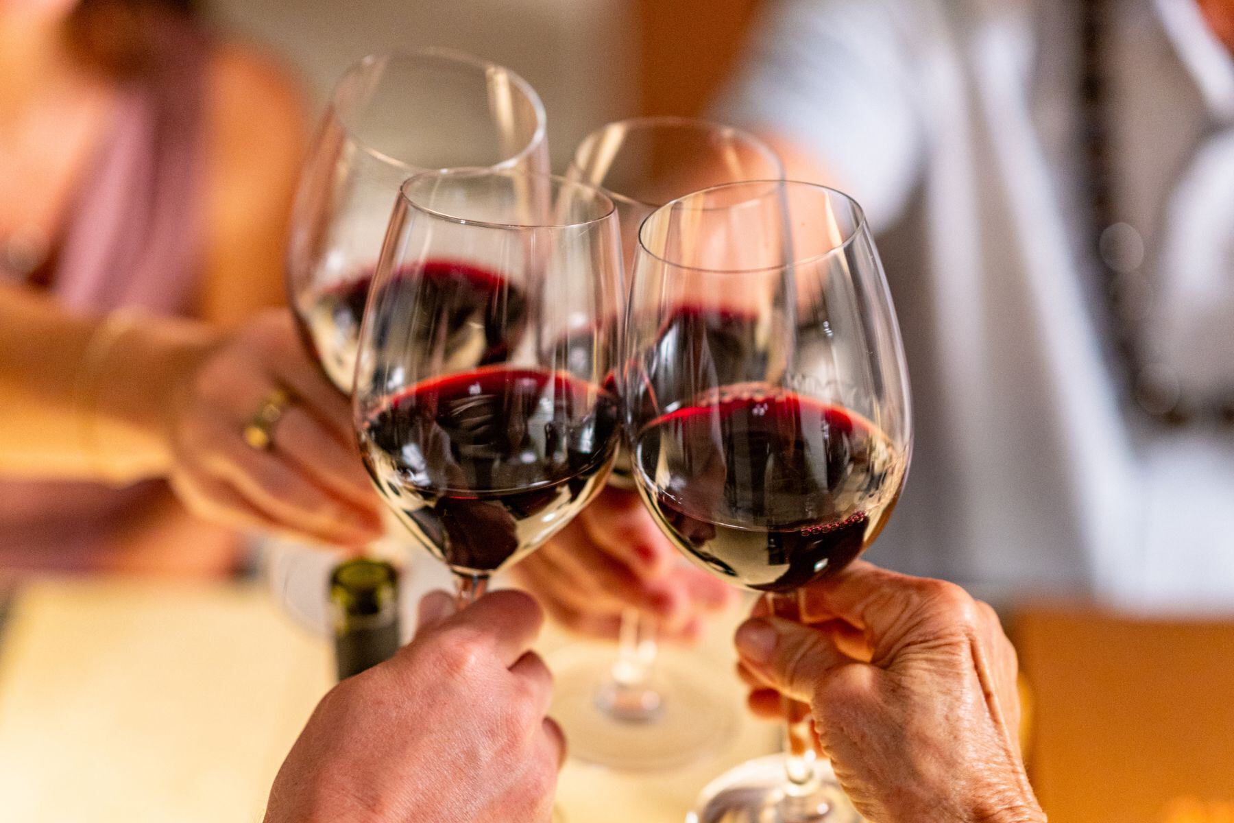 Four people clinking glasses of red wine together in a toast, celebrating the warmth and joy of Christmas Dinner.